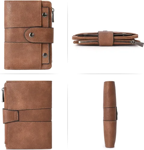 Vista 6 de Cartera pequeña para mujer, de cuero, plegable, multitarjeta, organizador de diseñador, moneda con cremallera y ventana de identificación extraíble