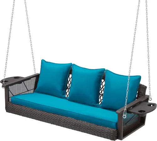 Vista 10 de HOMREST Columpio de mimbre para porche para 3 personas con portavasos mejorado, silla colgante de 56 pulgadas con cojines, columpio al aire libre
