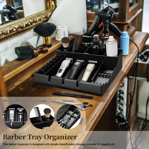Vista 5 de LALAFINA - Bandeja organizadora de cortapelos de peluquería de 15 x 12 x 4.33 pulgadas, caja de almacenamiento portátil con diseño de corte a