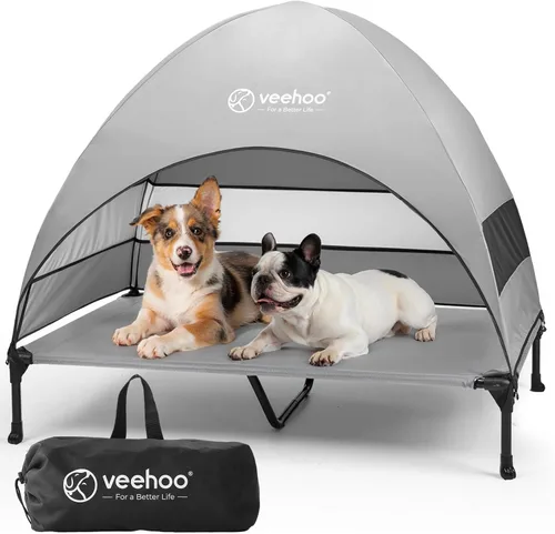 Vista 11 de Veehoo Cama para perros con dosel para exteriores, cuna elevada para mascotas con toldo extraíble y enfriamiento, pies antideslizantes, cuna elevada
