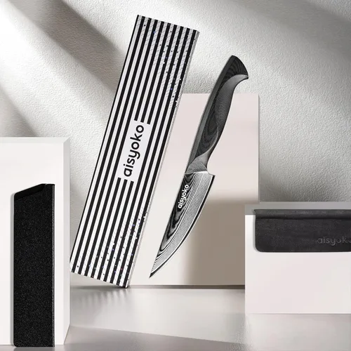 Vista 7 de aisyoko Cuchillo de pelar de 4.5 pulgadas, cuchillo de chef de acero Damasco con mango ergonómico G10, acero de alto carbono VG10, cuchillo