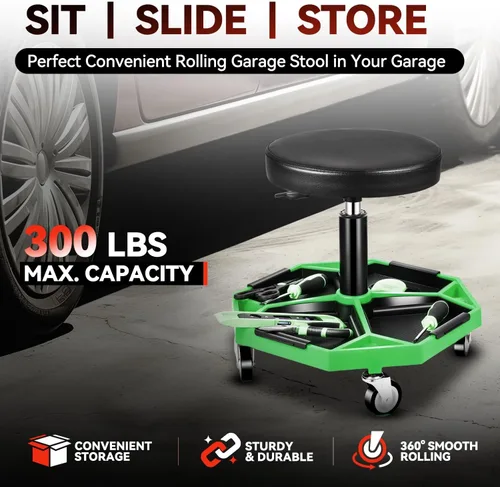 Vista 2 de Auto Dynasty - Taburete mecánico, ajustable, neumático, rodante para taller de garaje con bandeja de herramientas, asiento de 300 LBS para taller