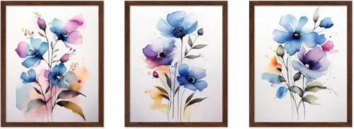 Vista 23 de Poster Master Póster botánico vintage de 3 piezas, estampado floral retro, regalo para artistas, amigos, flores de acuarela, brillante, azul