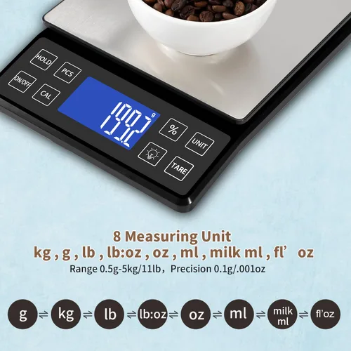Vista 4 de SEMIER Báscula digital de cocina con alta precisión de 0.1 g/0.001 oz, báscula de panadería de alimentos de 5 kg/11 lb con % de función