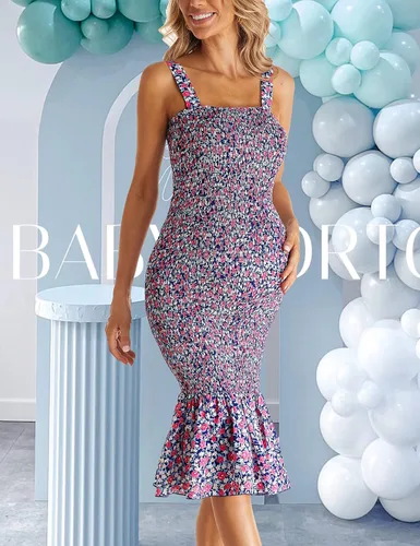 Vista 2 de Vestido de maternidad sin mangas con tirantes florales midi bodycon cuello cuadrado volantes sirena vestido fruncido para baby shower
