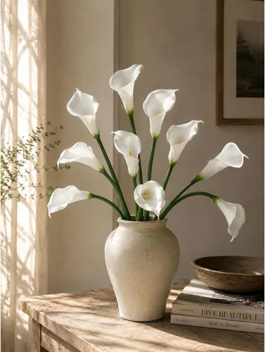 Vista 2 de FiveSeasonStuff Real Touch - Flores artificiales de lirio de cala, arreglos florales para bodas (25 pulgadas, 6 tallos largos, blanco primaveral)