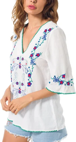 Vista 2 de YZXDORWJ Blusas estilo túnica mexicanas con bordado bohemio de verano para mujer