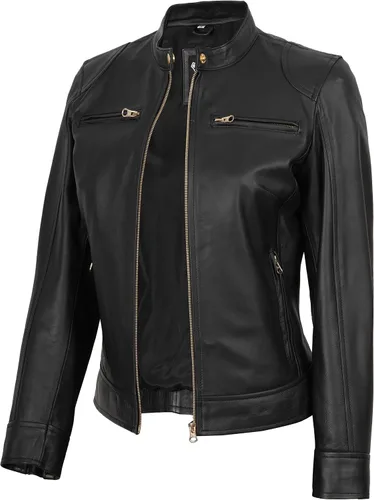 Vista 9 de Decrum Cafe Racer Chaqueta de piel de cordero real estilo motocicleta para Beige