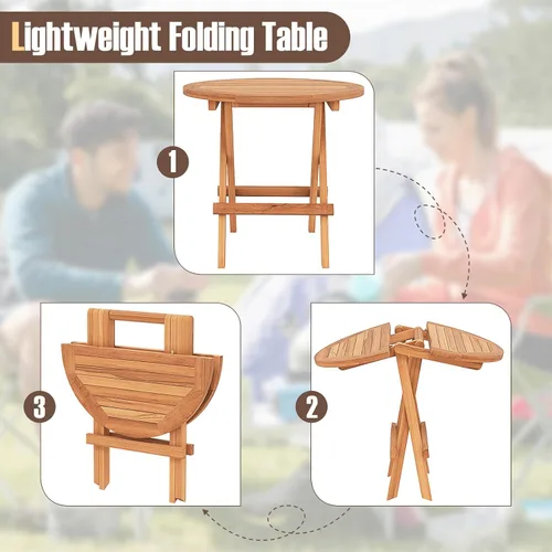 Vista 6 de RELAX4LIFE Mesa auxiliar plegable para exteriores – Mesa auxiliar de madera de teca, mesa redonda de café bistró con mesa de listones, mesa