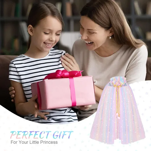 Vista 7 de AOOWU Capa de princesa para niñas, colorida capa de princesa con corona, disfraz de princesa Elsa elegante con lentejuelas brillantes de tul