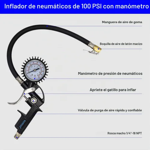 Vista 3 de YOTOO Kit de accesorios para compresor de aire, kit de herramientas de aire NPT de 1/4 pulgadas de alta resistencia con medidor de inflado