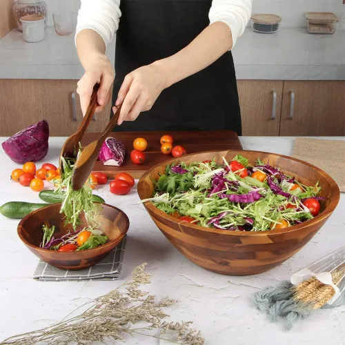 Vista 4 de AIDEA Ensaladeras, juego de ensaladeras de madera, cuenco grande de madera de acacia para servir frutas, ensalada, ensaladera grande de 12.5
