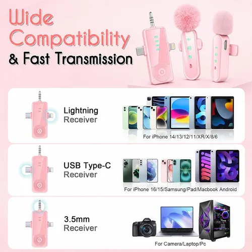 Vista 4 de 2 MINI Micrófono Lavalier Inalámbrico para iPhone/Android/Cámara Rosa