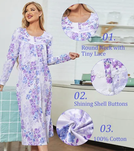 Vista 3 de IZZY + TOBY Camisones de algodón para mujer, de manga larga, suave, largo, cálido, vestido de noche con nudos, camisón para mujer