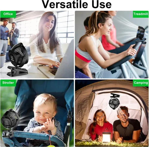 Vista 7 de Minthouz Ventilador de clip – Ventilador pequeño recargable USB C de 8000 mAh con indicador de nivel de batería, rotación de 720° de bajo ruido
