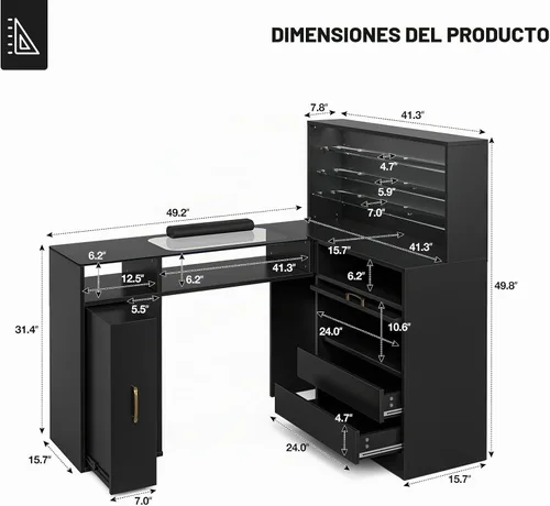 Vista 2 de Mesa de manicura en forma de L con estantes, estación de mesa de uñas con parte superior de cristal, resistente a acetona, con cajones de Negro