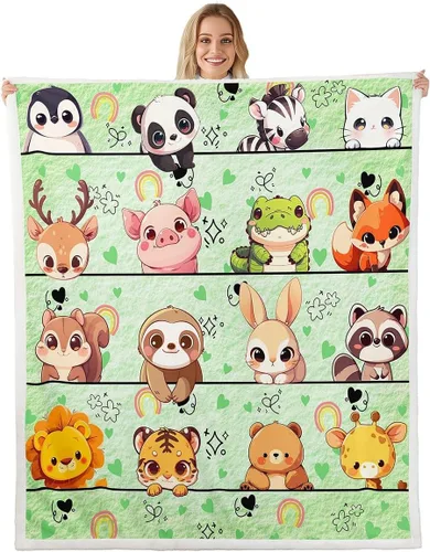 Vista 15 de Manta de franela de animales de dibujos animados para todas las estaciones, manta de cama azul con estampado de amor Kawaii para decoración
