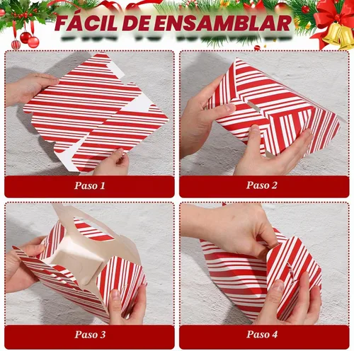 Vista 7 de Cholemy 50 piezas de cajas de regalo de Navidad con asa, cajas de diseño rojo y blanco, cajas de galletas y dulces de Navidad, cajas de papel