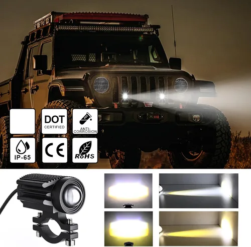 Vista 2 de Luces de conducción de motocicleta, 2 unids amarillo blanco bi color 6000LM 60W LED niebla luces de aleación de aluminio mini faros