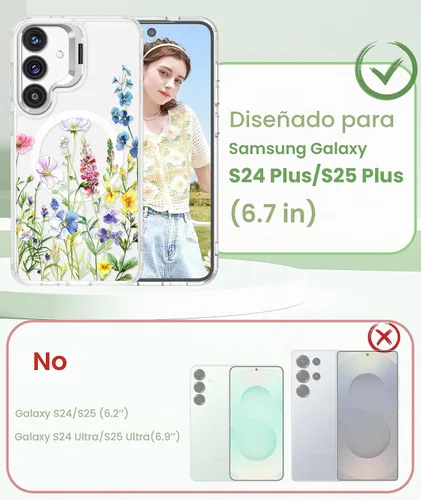 Vista 2 de Dretal Funda magnética para Samsung Galaxy S24 Plus/S25 Plus floral, soporte de lente integrado, protector de pantalla, funda magnética translúcida