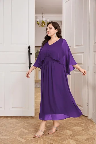 Vista 8 de Hanna Nikole Vestido de fiesta de noche de gasa con cuello en V para mujer, talla grande, manga capa, maxi vestidos para invitados de boda