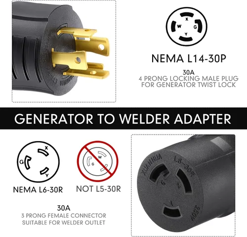 Vista 2 de Kanayu Adaptador para Generador y Soldador Compatible con NEMA L14-30P a L6-30R, Enchufe Macho de 4 Clavijas de 30A a Receptáculo Hembra de Bloqueo
