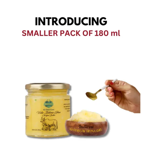 Vista 2 de Indicow Ghee de vaca A2 Desi (180ml (6.08oz), Ghee de vaca A2 (vacas Sahiwal)) Alimentado con pasto, criado en pastizales, grasa de mantequilla