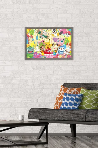 Vista 2 de Pokémon - Póster de pared para fiesta de cumpleaños, 22.4 pulgadas de largo x 14.7 pulgadas de ancho, versión enmarcada de madera de granero