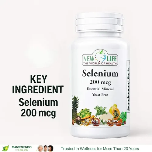 Vista 4 de New Life Selenio 200mcg, mineral esencial, 90 cápsulas vegetales