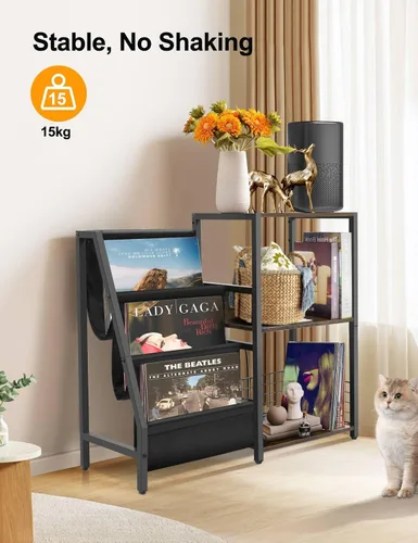 Vista 6 de Soporte para tocadiscos (marrón original, madera) – Estante de almacenamiento de vinilo de 3 niveles con estación de carga, marco de metal