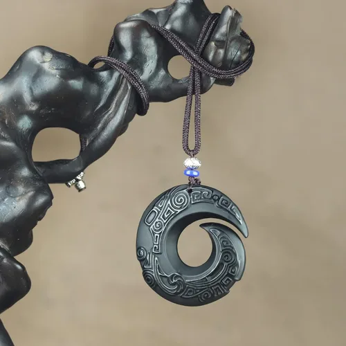 Vista 4 de caiyufeng Natural Boutique - Colgante de obsidiana de la suerte con cadena de cuentas joyería para hombre colgante de jade color negro Madera