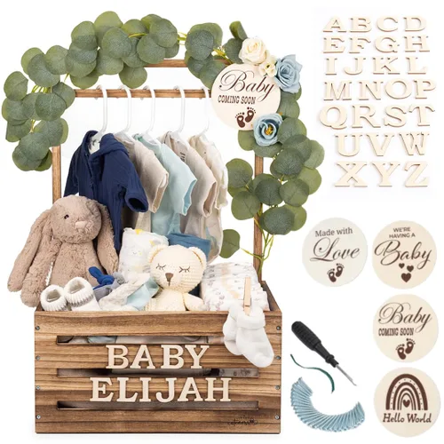 Vista 11 de Armario de madera para baby shower con parte delantera de acrílico transparente, caja de madera personalizable con sistema de doble varilla, cestas