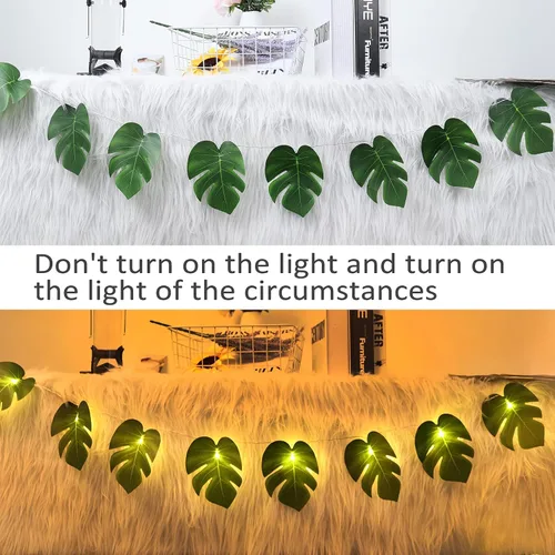 Vista 6 de RECUTMS 20LED Luces de Cadena de Hojas de Monstera, Hojas Artificiales de Palmera de Ratán Tropical, Enredadera Verde Colgante para Pared