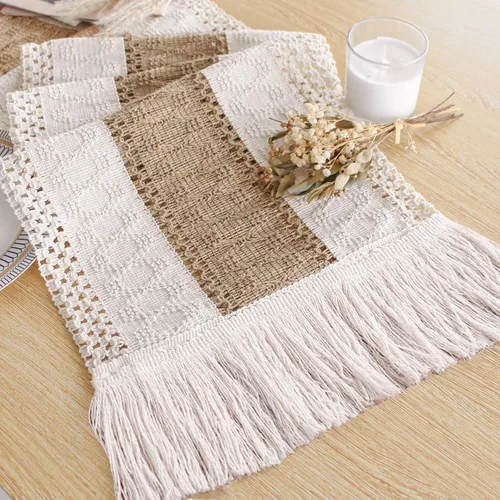 Vista 46 de FEXIA Camino de mesa bohemio para decoración del hogar, 12 x 72 pulgadas, decoración rústica de macramé Beige