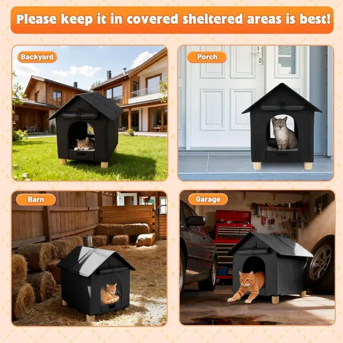 Vista 7 de FHTONGE Casa elevada para gatos al aire libre con alfombrilla lavable, refugio resistente a la intemperie para gatos con 2 salidas, perrera aislada