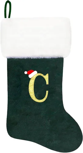 Vista 52 de Calcetines de Navidad bordados de 20 pulgadas con monograma, terciopelo negro con puño de felpa blanca supersuave, adornos clásicos para decoración
