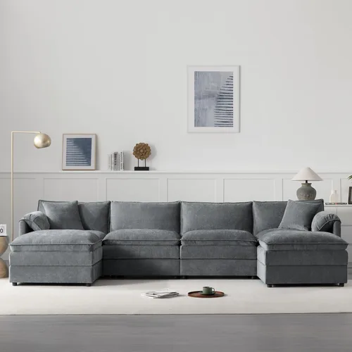 Vista 64 de Moderno sofá modular en forma de U con almohadas para la cintura, sofá cama con diván, sofá tapizado simétrico de felpilla de 6 asientos para sala