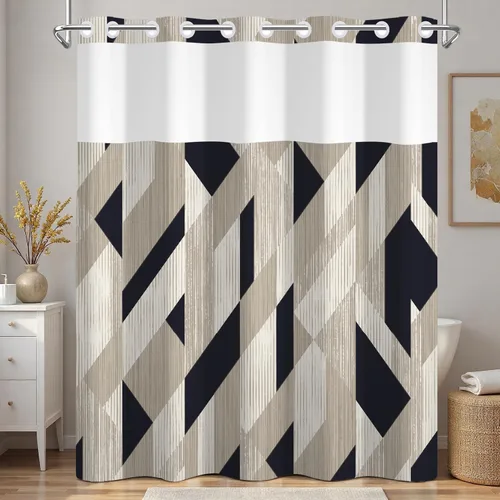 Vista 25 de No Hook Geometric Shower Curtain with Snap in Liner - 71″W x 74″L Waterproof Fabric with Mesh Top Window, Modern Abstract Triangle Design Bath