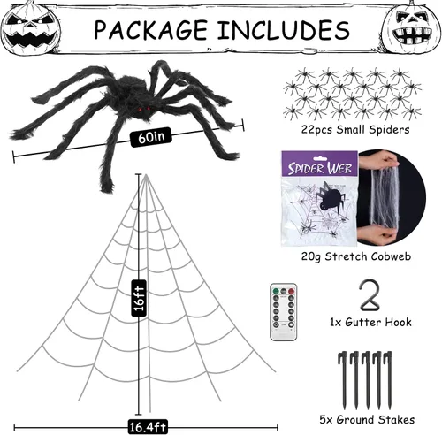 Vista 2 de Decoración de Halloween de telaraña para exteriores, 125 luces LED moradas de 16.4 pies, araña grande de 60 pulgadas, 22 arañas pequeñas y telaraña