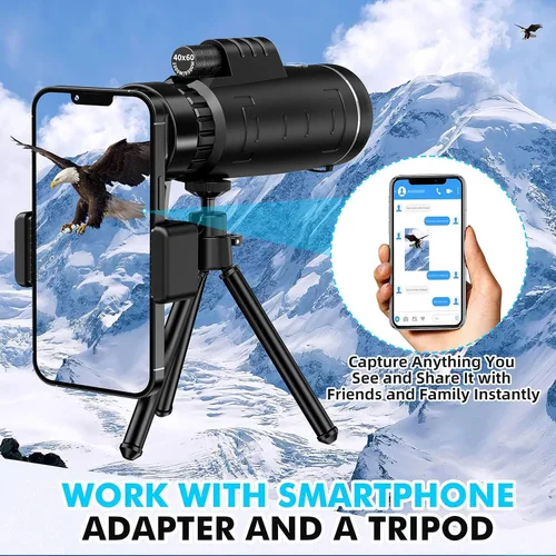 Vista 6 de Telescopio monocular de 40 x 60 con adaptador para teléfono inteligente y estuche para telescopio, monocular de alta potencia, monocular compacto