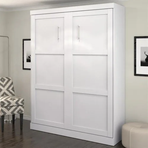 Vista 2 de Pemberly Row Cama de pared de doble montaje tamaño Queen con listones de madera en madera, en blanco, no necesita somier, fácil montaje