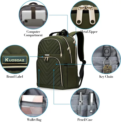 Vista 6 de Big Student Mochila Universitaria Mujeres Secundaria Escuela Secundaria Verde militar