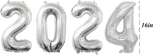 Vista 2 de Globos plateados de 16 pulgadas 2024 con números de aluminio 2024 para Año Nuevo, suministros de fiesta, decoraciones de graduación, color plateado