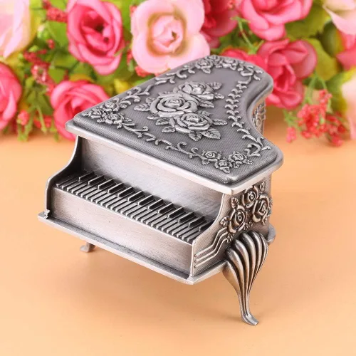 Vista 3 de Joyero de aleación de zinc tallado en forma de piano, con diseño de flor de rosa, organizador de almacenamiento de joyas, organizador