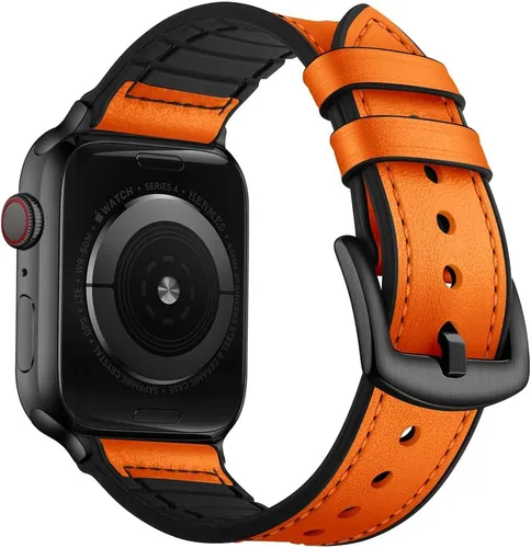 Vista 12 de OUHENG Correas de cuero compatibles con Apple Watch de 42mm 41mm 40mm 38mm, correa híbrida de cuero genuino y goma para iWatch Series 11 10 9 8 7 6