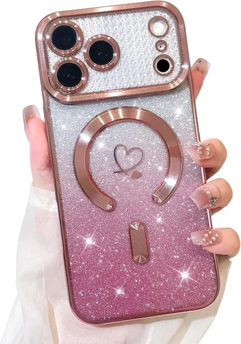 Vista 41 de Bonoma Funda con purpurina para iPhone 13 Pro Max, bonita funda 3D con patrón de chapado en degradado de mariposa de diamante, protección de cámara
