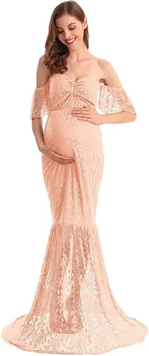 Vista 2 de AYMENII Vestido de maternidad de encaje de sirena con hombros descubiertos con volantes de manga de fotoshoot de boda de noche vestido de ducha