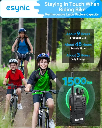 Vista 5 de eSynic Walkie Talkies recargables con auriculares, 2 radios bidireccionales de largo alcance de 16 canales USB de carga, transceptor de mano Walky