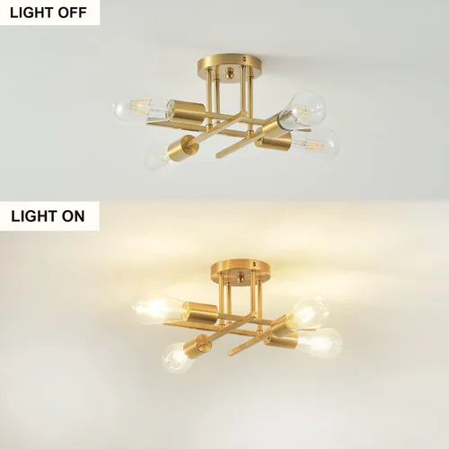 Vista 6 de Moderna lámpara de techo semiempotrada, 4 luces de casa de campo, montaje de techo dorado, luces de techo para interiores, para sala de estar