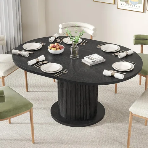 Vista 5 de Mesa de comedor redonda de 59 pulgadas para 6, moderna mesa de cocina de granja, mesas de comedor circulares con base de tira de madera para cocina